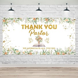 Lofaris Thank You Pastor Banner - 70.8x35.4 Inches, Religious Appreciation Sign with Watercolor Lilies, Cross & Doves, Gold Glitter Text, Church Decor