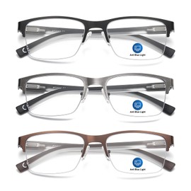 PUBOWT Reading Glasses Men Oversized Blue Light Blocking Computer Reader Rectangle Metal Half Frame Anti Glare Lens Designer Wide Eyewear with Spring Hinge 3Pack PT2002 1.25+ Strength