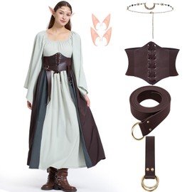 Joellfuner Medieval Dress Women, Renaissance Dress Women, Victorian Costume Women, Medieval Costumes Women with Hip Belt, Elf Ear, Headpiece for Carnival Party (Grey Green, XL)