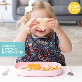 Bumkins Toddler and Baby Suction Plate, Silicone Grip Dish Large Tray for Big Kids, Fits Most Highchairs, Essential Children Feeding Supplies, Non Skid Sticky Bottom, Platinum Silicone, Pink