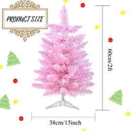 Gloreyan 2FT Artificial Christmas Tree Pink Tabletop Christmas Tree with Plastic Stand Mini Xmas Pine Tree for Party Supplies Indoor Outdoor Holiday Home Decoration (Pink)