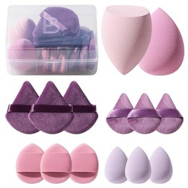 Juego de esponjas de maquillaje BS-MALL Triangle Puff 14 piezas para líquido, crema y polvo, esponjas de maquillaje multicolor y mini esponja con estuche (A-morado)