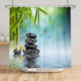 Zen Garden Shower Curtain Spa Green Bamboo Black Stone White Flower Bathroom Decor Curtains Sets Polyester Fabric Asian Nature Relax Bathroom Decor Curtains 72x72 Inch with Hooks