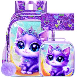 UFNDC 3PCS Cat Preschool Backpack, 16" Cute Moon Bookbag with Lunch Box, Water Resistant School Bag for Girls