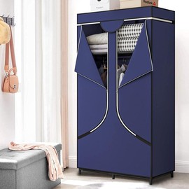 Portable Wardrobe Closet Storage Organizer Metal Hanging Rack Non-Woven Fabric 34 Inch - Color: Blue
