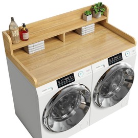 Corbyles Washer Dryer Countertop with 2-Tier Shelf, 54" W x 27.55" D Laundry Countertop with 2.75" H Guard Edge Rails, Wood Topper with Non-Slip Pad (Pure Wood Color)