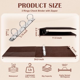 Pu Leather 3 Rings Check Binder for End-Stub Deskbook Checks3 Ring Business Check Binder for 3 on A Page Checks 9" x11 1/4" Check Holders (Dark Brown)