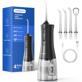 Operan Wireless Oral Irrigator, Portable Electric Dental Irrigator, 300 ml Oral Irrigator, Oral Irrigator, Test Winner for Removes Food Leftovers and Cleans Teeth, Matte Black, 1 Pack + 4 Modes and 4