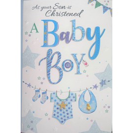 Boy Christening Day Card - As Your Son is Christened with Glitter 7.75x5.25"