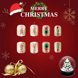 BFY Snowflake Press on Nails Short Square Winter Christmas Fake Nails, Xmas Tree Lantern Gold Glitter Acrylic Nails Stick Glue on Nails, Shiny False Nails Kits Winter Xmas New Year Accessories 24 Pcs