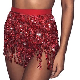 Carufin Women's Belly Dance Skirt Hip Belt Sequin Tassel Skirt Hip Wrap Scarf Rave Music Festival Costume (Red)