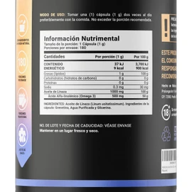 Aceite de Linaza Puro Alto en Omega 3 de 180 Cápsulas. Ingredientes naturales: Ácido Alfa Linolénico. Omega 3 Flaxseed Oil B Life.