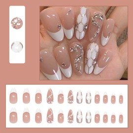 Medium Press on Nails White French Tip Fake Nails Almond Shape with Rhinestone Glitter Charm Glue on Nails Design Acrylic False Nails Artificial Glossy Full Cover Stick on Nails for Women 24 Pcs