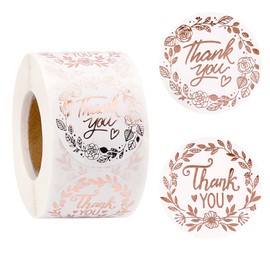 BUNCHBRAVO 500 Thank You Stickers Roll, Rose Gold Foil Round Labels in 2 Designs, 1.5" Adhesive Floral Seals for Shower Favors, Gift Wraps, Small Business Packaging