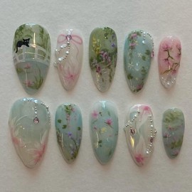 Almond Flower Press on Nails Medium Floral Fake Nails Spring 3D Nail Design Cute False Nails Pink Green Artificial Nails Full Cover Glue on NailsFancy Blossom Stick on Nails for Women Girls 24Pcs