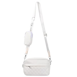 Hoxfly Crossbody Bags for Women, PU Small Crossbody Bags with 3 Zip Compartments, Wide Strap Shoulder Bags, Cross Body Phone Bag, Ladies Handbags for Daily Use (White)