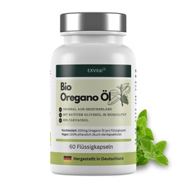 EXVital® Bio Oregano Öl, 60 vegane Flüssigkapseln, 100mg wildes Berg Oregano Öl & 400mg Bio Oliven Öl aus Griechenland, 80% Carvacrol, Ohne Zusätze & Laborgeprüft
