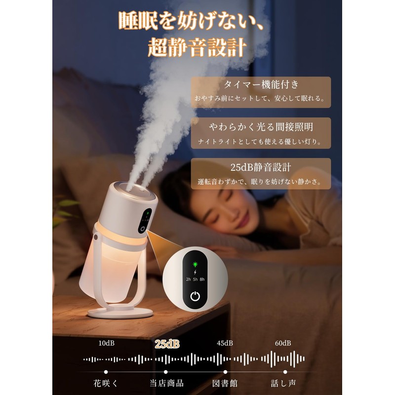 【Amazon.com.jp限定】卓上 小型 加湿器【2025新モデル・多機能加湿器】超音波式 ダブル噴霧 抗菌 90°回転ミスト 25dB静音 大容量バッテリー内蔵 コードレス アロマ対応