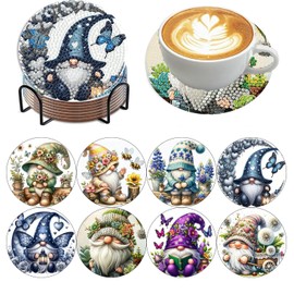 8 Pack Diamond Art Coasters Kits - Gnomes Diamond Painting Coasters Kit Set with Holder Cork Pads, DIY Non Slip Coaster Craft Kits for Adults Beginners Ideal Gifts