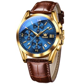 OLEVS Leather Watches for Men Chronograph Gold Large Face Mens Watches Luxury Blue Dial Quartz Watch for Men Waterproof Luminous Classic Analog Wrist Watches for Men, Montre Pour Homme