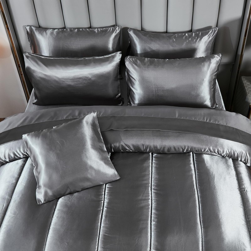 Bedding_Dreamer Silk Like Grey Comforter Set with Sheet Sets Queen