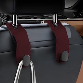 Tecledsn 2 Pack Car Headrest Hooks, Leather Car Seat Storage Hanger for Purses Bags, Stylish Car Seat Organizer Hooks for Handbag Coat Umbrellas, Car interior Accessories for Women Men (Wine)