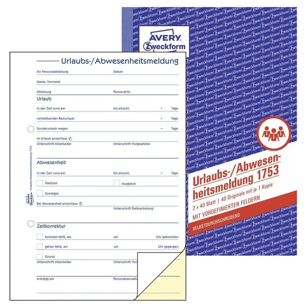 AVERY Zweckform 1753 Urlaubs-/Abwesenheitsmeldung (A5, selbstdurchschreibend, von Rechtsexperten geprüft, für