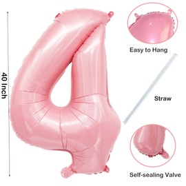 40Inch Blue Number 4 Digit Helium Balloons Foil Mylar Big Number Balloons for 4th 14 Birthday Wedding Bachelorette Birthday Bridal Shower Graduation Anniversary Celebration(Pink 4)