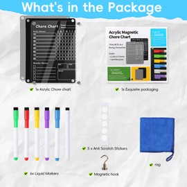 Acrylic Magnetic Chore Chart for Kids, Transparent Erasable Reward Chart for Teens and Adults Chore Checklist with 6 Markers and Towel