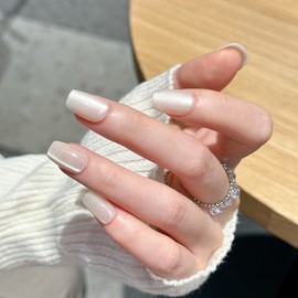 30Pcs Nude Square Press on Nails Short Cat Eye Fake Nails Glossy Acrylic Nails Shiny Glitter Glue on Nails White Nails Press ons Full Cover Stick on Nails for Women Girls Manicure 30 Pcs