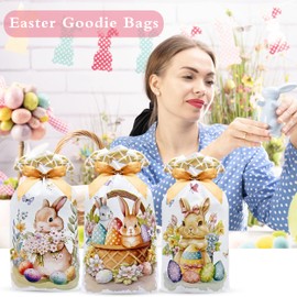 Jexila Jexila 50PCS Easter Drawstring Candy Bag Easter Treats Bags 6''X9'' Plastic Easter Gift Bags for Kids Classroom Party Favor Goodie Bags