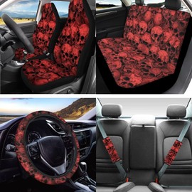 STUOARTE Skull Print Car Seat Cover Full Set of 16, Car Seat Cover with Steering Wheel Cover Armrest Cover Seatbelt Pad Gear Shift Knob Cover Handbrake Cover, Universal Fit for Cars Truck SUV Sedan