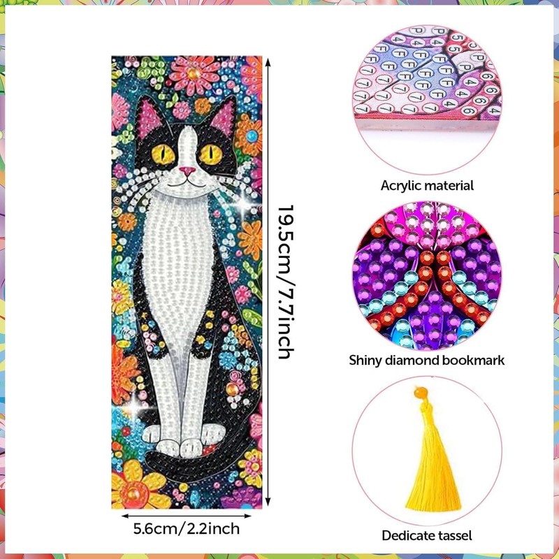 Puraikcmi 6 PCS 5D DIY Diamond Art Bookmarks Kit Cats