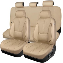 CAR PASS Nappa Leather Seat Covers Full Set, 3D Foam Faux Leather Car Seat Covers with Lumbar Support, Water Resistant Comfort & Universal Fit for Cars SUV Truck Most Vehicles, All Beige