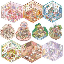 Bayurht 10 Sets 3D Scene Stickers DIY Decorative Stickers Cute Isometric Sticker Kawaii 3D House Cartoon Animal Sticker for Make Your Own Stickers Goodie Bags Crafts