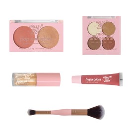 Holler and Glow Glowing Out Makeup 5-Piece Gift Set, Includes Eyeshadow Quad, Blush and Highlighter Duo, Lip Oil, Lip Gloss and Dual Ended Makeup Brush