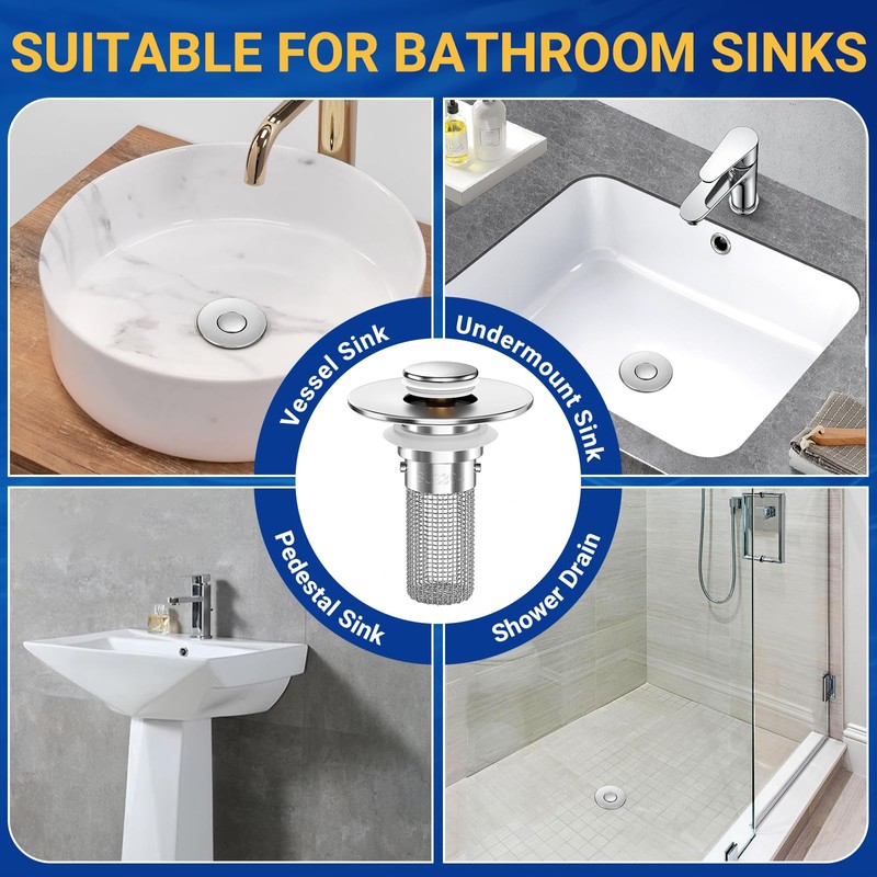 2PCS Bathroom Sink Stopper Strainer, Pop-Up Bathroom Sink Drain Strainer