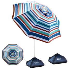 OutdoorMaster Beach Umbrellas for Sand with Sandbag & Anchor, 6.5ft Adjustable Umbrella for Beach Heavy Duty Wind, Portable UPF50+ Sunshade with Carry Bag for Patio, Blue Red Striped