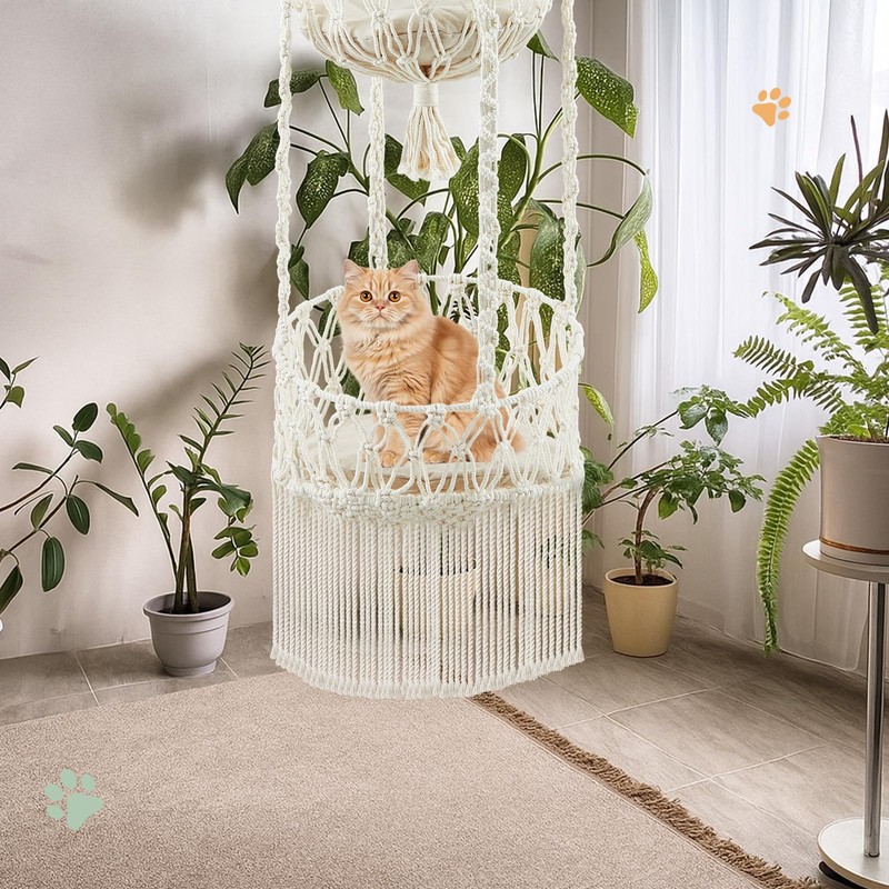 DoubleFill Double Deck Macrame Cat Hammock with Cushion Boho Hanging