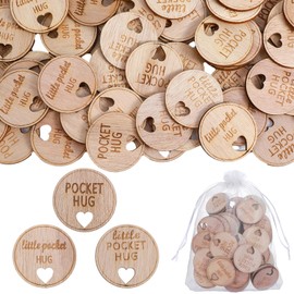 MBAIYO 150pcs Wooden Pocket Hug Token Set, Little Heart Round Pocket Hugs Keepsake with 3 Organza Bags for Funeral Favors Memorial Gifts Celebration of Life Favors