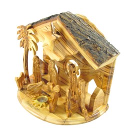 Olive Wood Rotating Star Musical Nativity Scene - Plays Silent Night