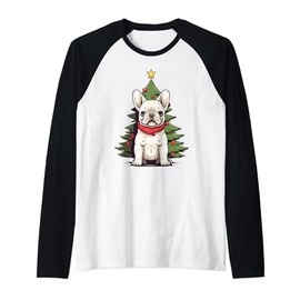 Christmas Tree, ornaments and Cute Frenchie Santa Christmas Raglan Baseball Tee