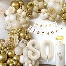 80th Birthday Decorations for Women Men, 80th Happy Birthday Banner Gold Party Decorations, Sand White and Gold Beige Neutral Balloons for Men Women, 80th Birthday Party Supplies Boho Decro