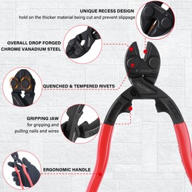HAUTMEC Mini Bolt Cutters 250mm(10 Inch), High Leverage Compact Bolt Cutter, Anti-Slip Comfort Grip, CRV Steel Blade with Recess, Cuts Rods, Bolts, Wires, Cables, Rivets, and Chains, HT0465-UK