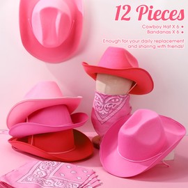 6 Sets Adult Cowboy Hat for Women and Men Western Cowgirl Hats with Adjustable Drawstring and Cowboy Party Paisley Bandana(Mixed Pink)