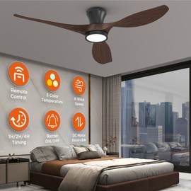 TALOYA 52 Inch Ceiling Fans with Led Lights Remote Control Flush Mount Low Profile for Bedroom Farmhouse Patio Outdoor Living Room Kitchen Dining Room,DC Motor,Reversible,Buzzer ON/Off,Black Walnut