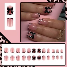 Short Press on Nails Square Fake Nails French Tip False Nails with Leopard Print Design Acrylic Nails 3D Bow Charms Glue on Nails Glossy Full Cover Stick on Nails for Women Manicure 24Pcs