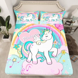 Unicorn Bed Sheets Full Size for Girls, Cute Unicorn Kids Bedding Set Rainbow Kawaii Printed Unicorn Sheet Set with Rainbow Hair for Kids Teens Bed Set with 1 Unicorn Sheet+2 Unicorn Pillowcases