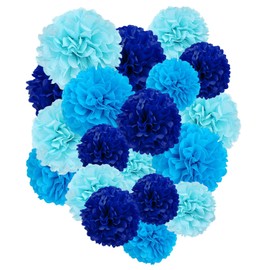 Capesaro Blue Paper Pom Poms - 10 Inches, 12 Inch Fabric Pom Poms Decorations for Baby Shower Boy Party Hanging Decoration - Set of 12