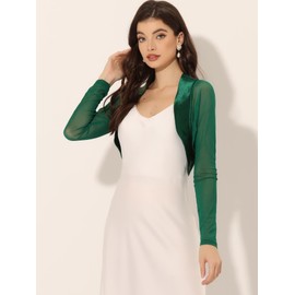 Allegra K Women's St. Patrick's Day Costumes Satin Shrugs Elegant Mesh Panel Sleeve Open Front Party Crop Cardigan Dark Green XL